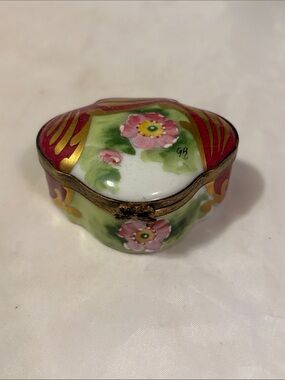 Vintage Limoges France Porcelain Floral Jewelry Trinket Box - Pink and Green